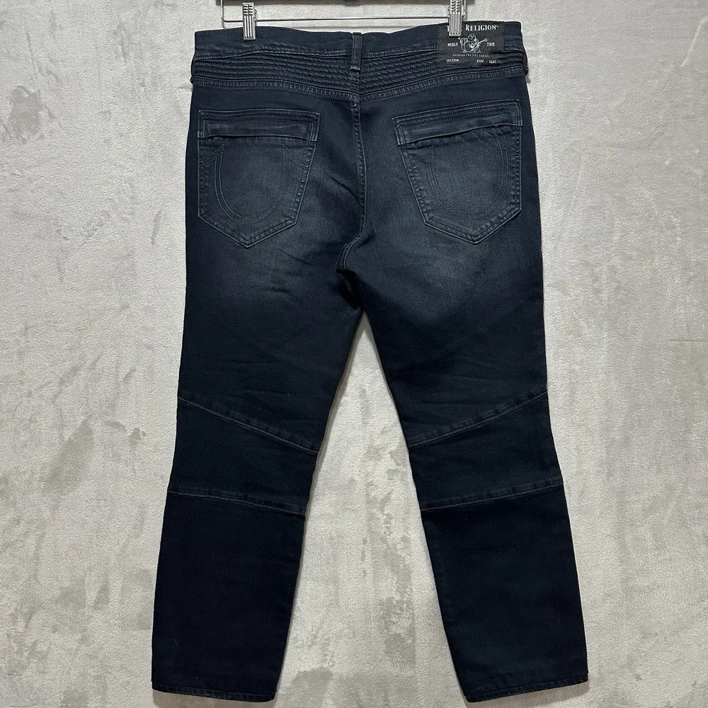 True Religion Rocco Men's Sz 34 Relaxed Skinny Moto Jean Dark Wash Ribbed Panels